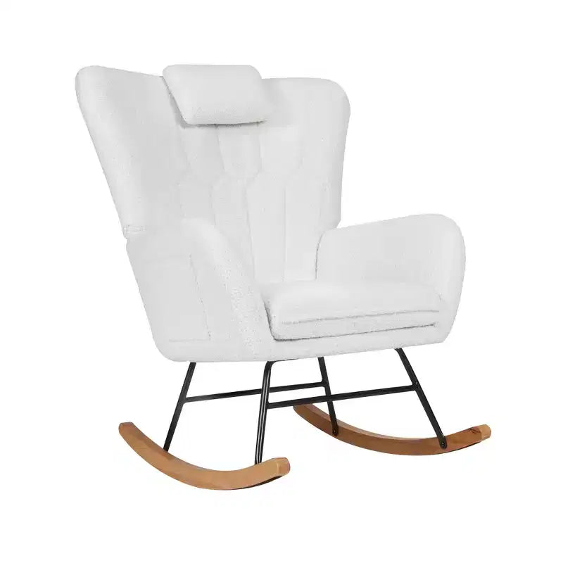 Fauteuil à bascule rembourré en similicuir/tissu peluche VECELO, fauteuil planeur moderne inclinable avec appuie-tête épais, assise rembourrée blanc/marron/rose