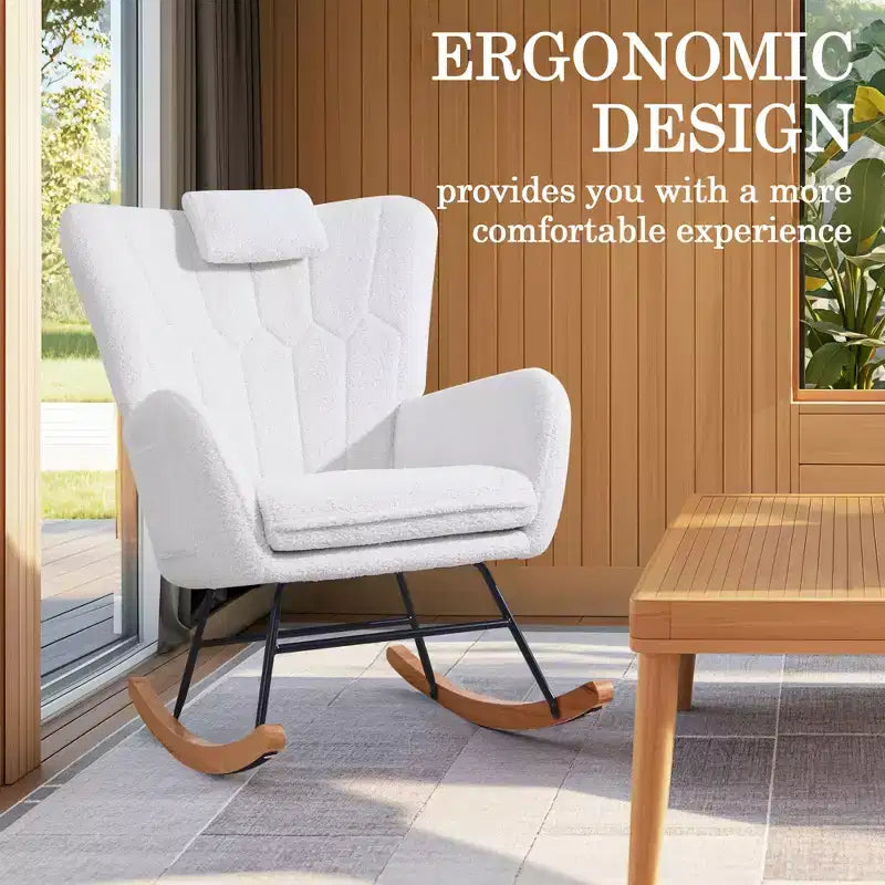 Fauteuil à bascule rembourré en similicuir/tissu peluche VECELO, fauteuil planeur moderne inclinable avec appuie-tête épais, assise rembourrée blanc/marron/rose