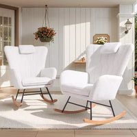 Fauteuil à bascule rembourré en similicuir/tissu peluche VECELO, fauteuil planeur moderne inclinable avec appuie-tête épais, assise rembourrée blanc/marron/rose