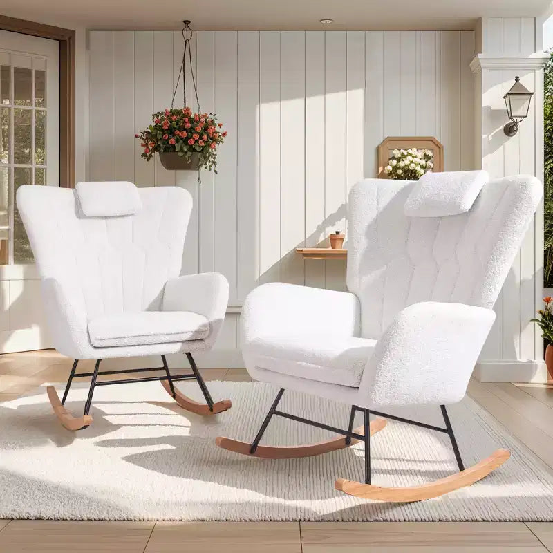 Fauteuil à bascule rembourré en similicuir/tissu peluche VECELO, fauteuil planeur moderne inclinable avec appuie-tête épais, assise rembourrée blanc/marron/rose