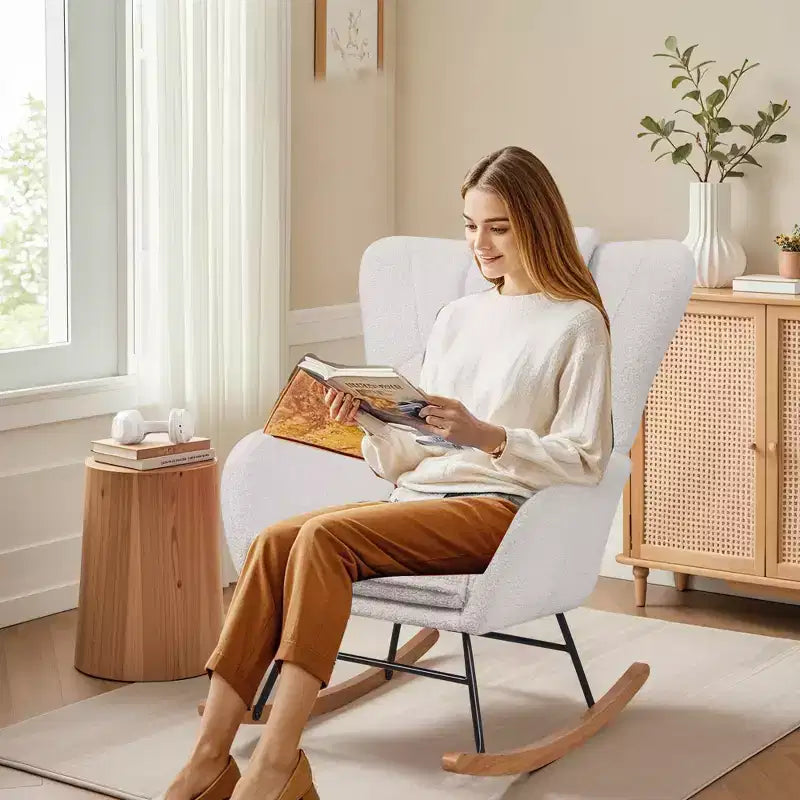 Fauteuil à bascule rembourré en similicuir/tissu peluche VECELO, fauteuil planeur moderne inclinable avec appuie-tête épais, assise rembourrée blanc/marron/rose