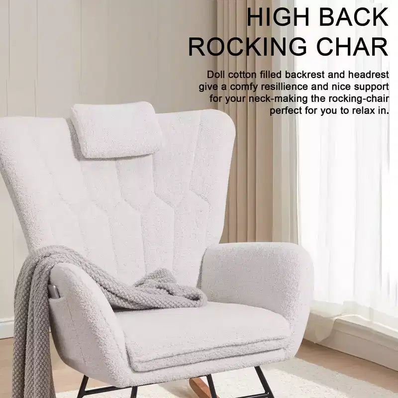 Fauteuil à bascule rembourré en similicuir/tissu peluche VECELO, fauteuil planeur moderne inclinable avec appuie-tête épais, assise rembourrée blanc/marron/rose