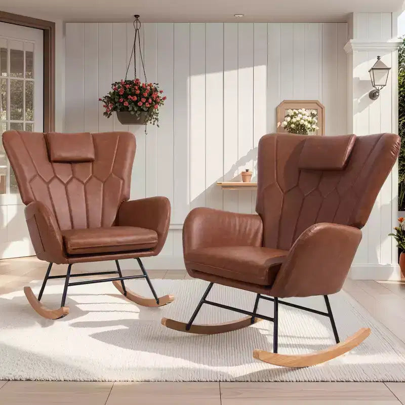 Fauteuil à bascule rembourré en similicuir/tissu peluche VECELO, fauteuil planeur moderne inclinable avec appuie-tête épais, assise rembourrée blanc/marron/rose