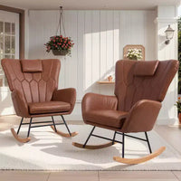 Fauteuil à bascule rembourré en similicuir/tissu peluche VECELO, fauteuil planeur moderne inclinable avec appuie-tête épais, assise rembourrée blanc/marron/rose