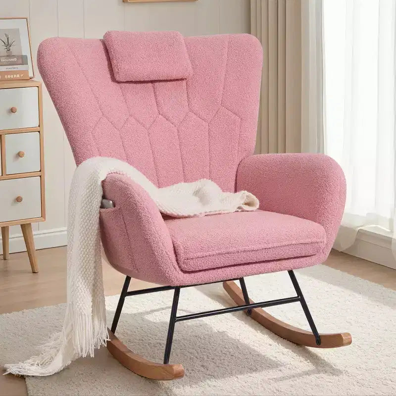 Fauteuil à bascule rembourré en similicuir/tissu peluche VECELO, fauteuil planeur moderne inclinable avec appuie-tête épais, assise rembourrée blanc/marron/rose