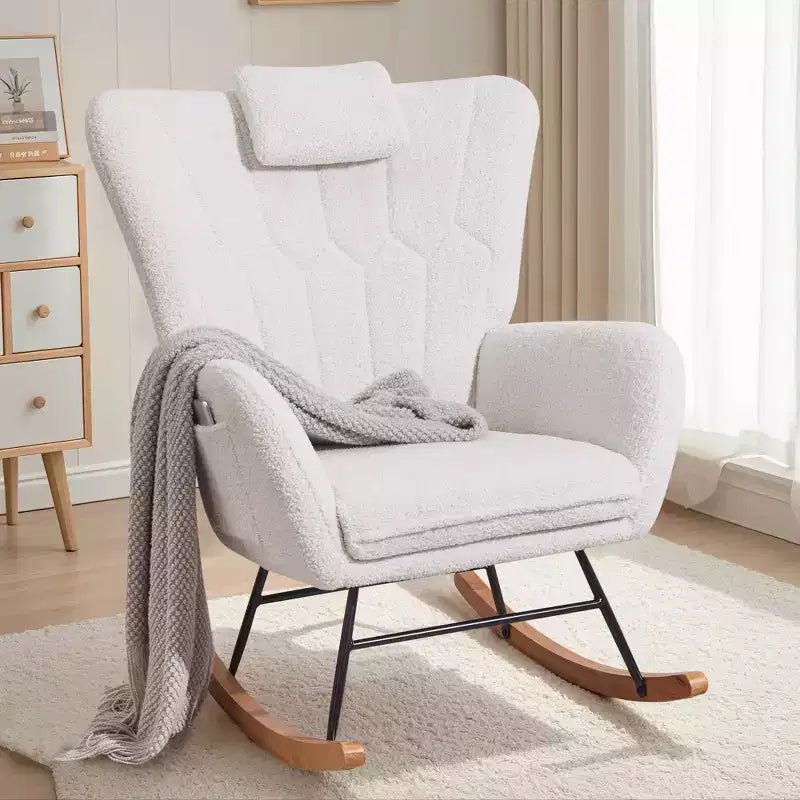 Fauteuil à bascule rembourré en similicuir/tissu peluche VECELO, fauteuil planeur moderne inclinable avec appuie-tête épais, assise rembourrée blanc/marron/rose