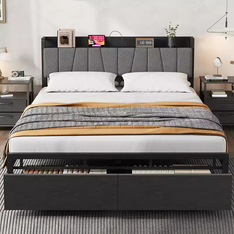 Cadre de lit double Whizmax avec tête de lit capitonnée, lit plateforme double industriel avec 2 tiroirs de rangement et station de recharge, pas besoin de sommier tapissier