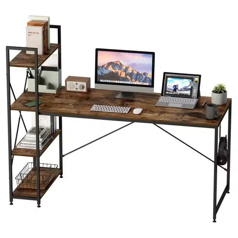 Bureau d'ordinateur réversible Bestier 47 pouces avec étagères de rangement pour bureau à domicile, Marron rustique