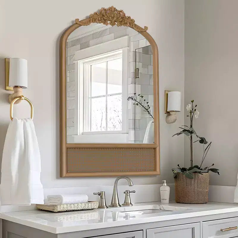 PexFix miroir mural classique à cadre en bois sculpté en arc avec fond en rotin