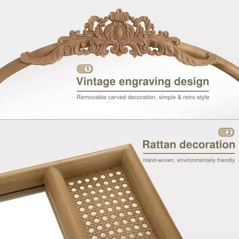 PexFix miroir mural classique à cadre en bois sculpté en arc avec fond en rotin