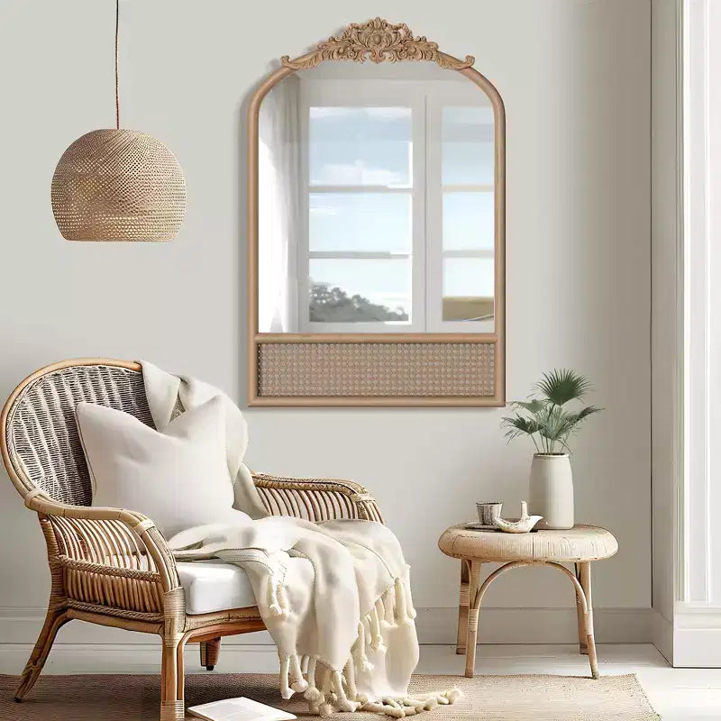 PexFix miroir mural classique à cadre en bois sculpté en arc avec fond en rotin
