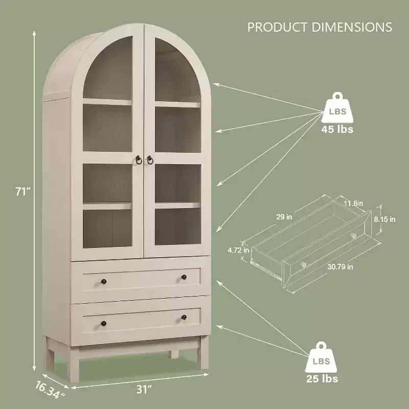 Garde-manger arqué haut 71 avec 2 tiroirs et étagères réglables et portes vitrées, armoire de rangement de cuisine Modern Farmhouse