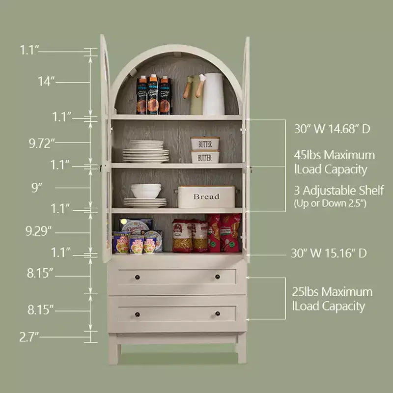 Garde-manger arqué haut 71 avec 2 tiroirs et étagères réglables et portes vitrées, armoire de rangement de cuisine Modern Farmhouse