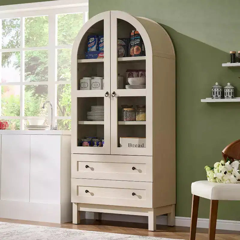 Garde-manger arqué haut 71 avec 2 tiroirs et étagères réglables et portes vitrées, armoire de rangement de cuisine Modern Farmhouse