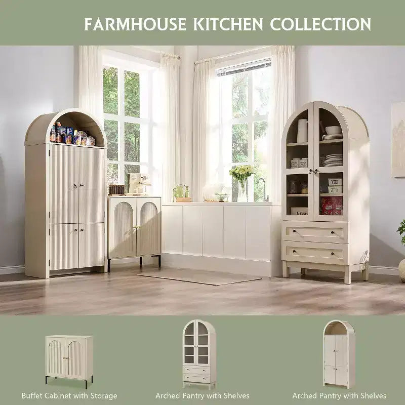 Garde-manger arqué haut 71 avec 2 tiroirs et étagères réglables et portes vitrées, armoire de rangement de cuisine Modern Farmhouse