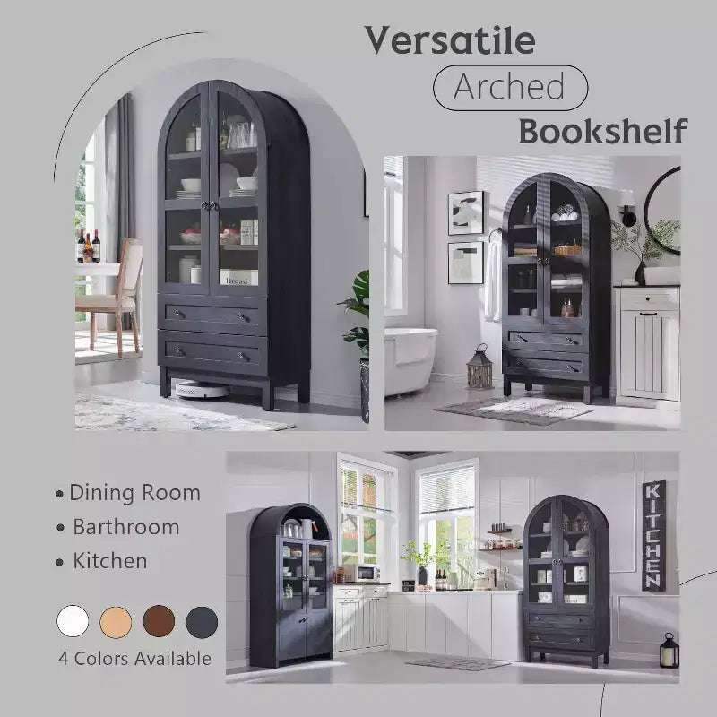Garde-manger arqué haut 71 avec 2 tiroirs et étagères réglables et portes vitrées, armoire de rangement de cuisine Modern Farmhouse