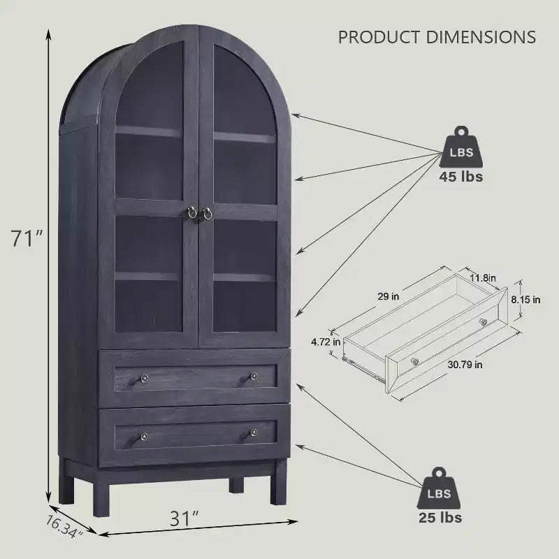 Garde-manger arqué haut 71 avec 2 tiroirs et étagères réglables et portes vitrées, armoire de rangement de cuisine Modern Farmhouse