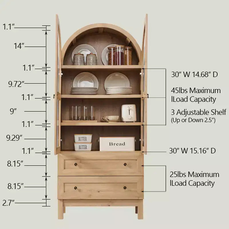 Garde-manger arqué haut 71 avec 2 tiroirs et étagères réglables et portes vitrées, armoire de rangement de cuisine Modern Farmhouse