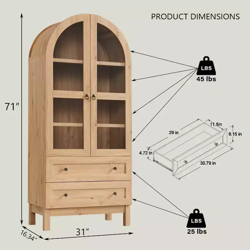 Garde-manger arqué haut 71 avec 2 tiroirs et étagères réglables et portes vitrées, armoire de rangement de cuisine Modern Farmhouse