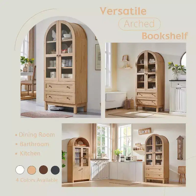 Garde-manger arqué haut 71 avec 2 tiroirs et étagères réglables et portes vitrées, armoire de rangement de cuisine Modern Farmhouse