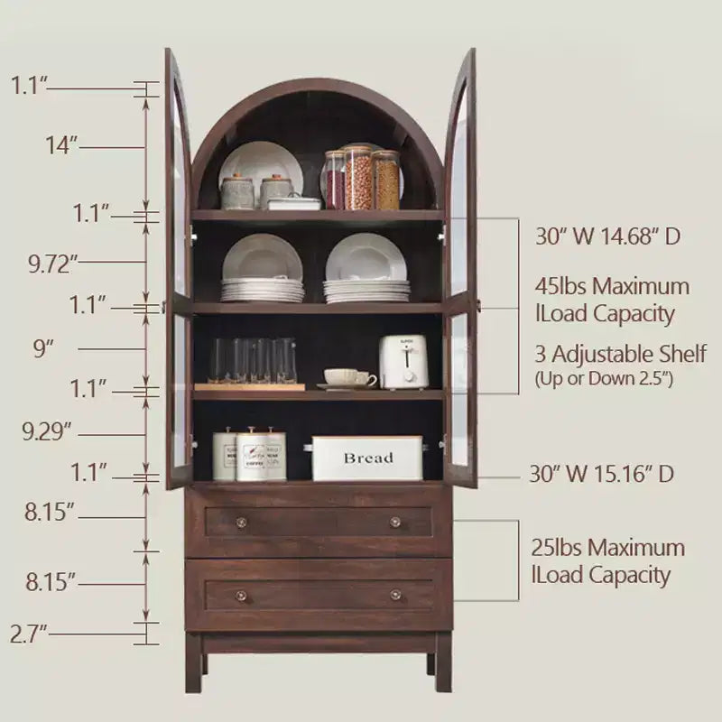 Garde-manger arqué haut 71 avec 2 tiroirs et étagères réglables et portes vitrées, armoire de rangement de cuisine Modern Farmhouse