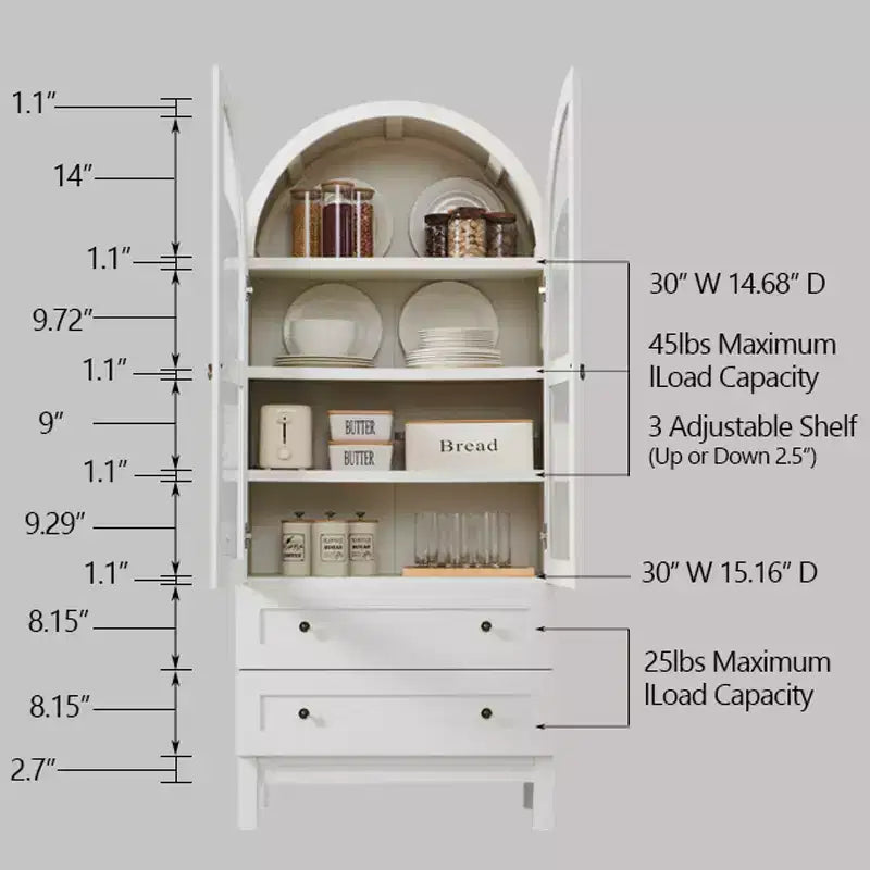 Garde-manger arqué haut 71 avec 2 tiroirs et étagères réglables et portes vitrées, armoire de rangement de cuisine Modern Farmhouse