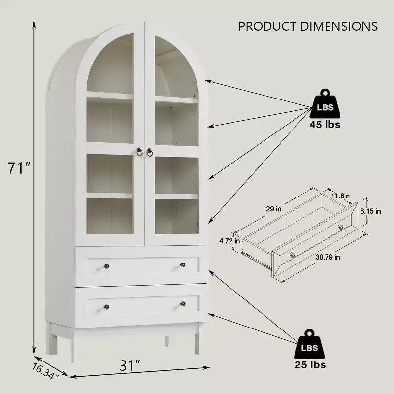 Garde-manger arqué haut 71 avec 2 tiroirs et étagères réglables et portes vitrées, armoire de rangement de cuisine Modern Farmhouse