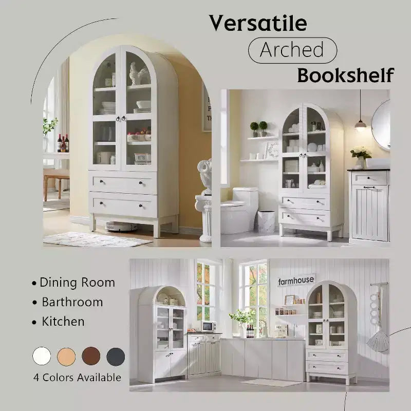 Garde-manger arqué haut 71 avec 2 tiroirs et étagères réglables et portes vitrées, armoire de rangement de cuisine Modern Farmhouse