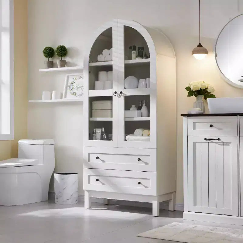 Garde-manger arqué haut 71 avec 2 tiroirs et étagères réglables et portes vitrées, armoire de rangement de cuisine Modern Farmhouse