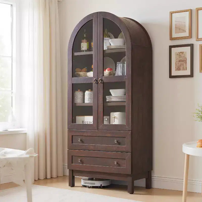 Garde-manger arqué haut 71 avec 2 tiroirs et étagères réglables et portes vitrées, armoire de rangement de cuisine Modern Farmhouse