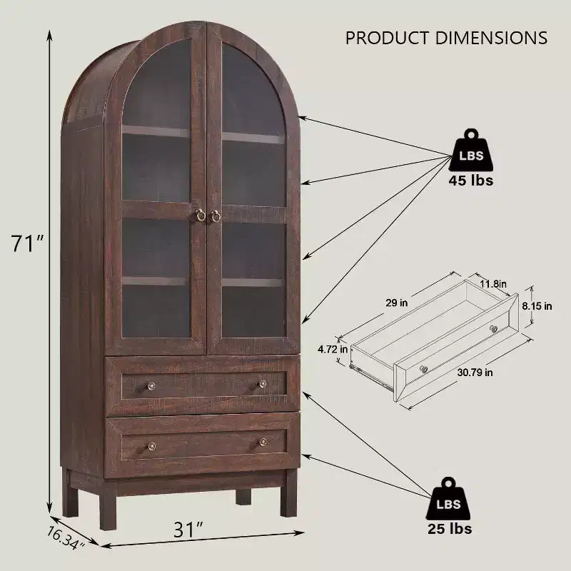 Garde-manger arqué haut 71 avec 2 tiroirs et étagères réglables et portes vitrées, armoire de rangement de cuisine Modern Farmhouse