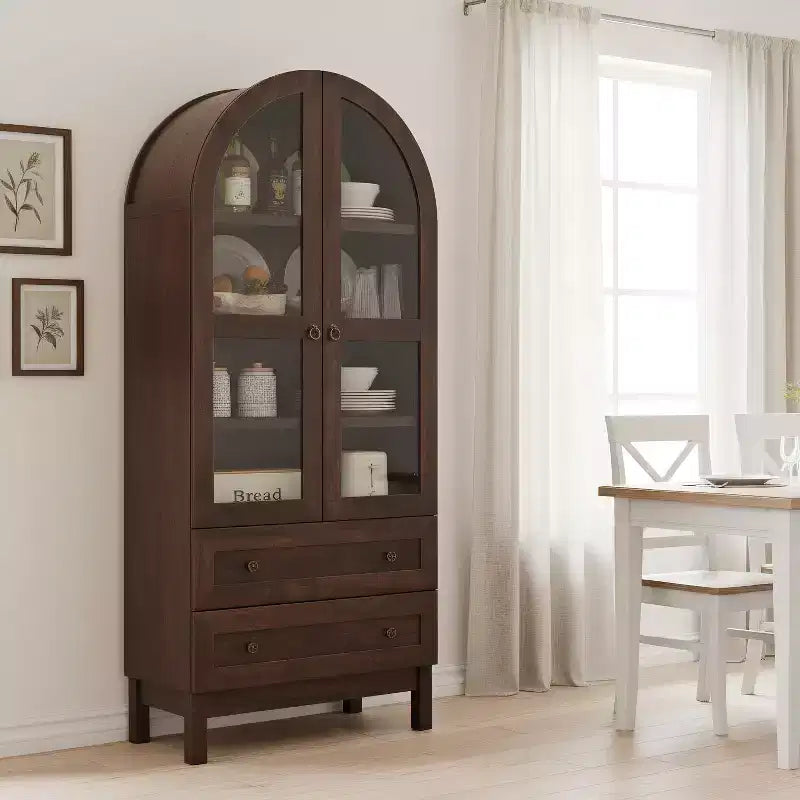 Garde-manger arqué haut 71 avec 2 tiroirs et étagères réglables et portes vitrées, armoire de rangement de cuisine Modern Farmhouse