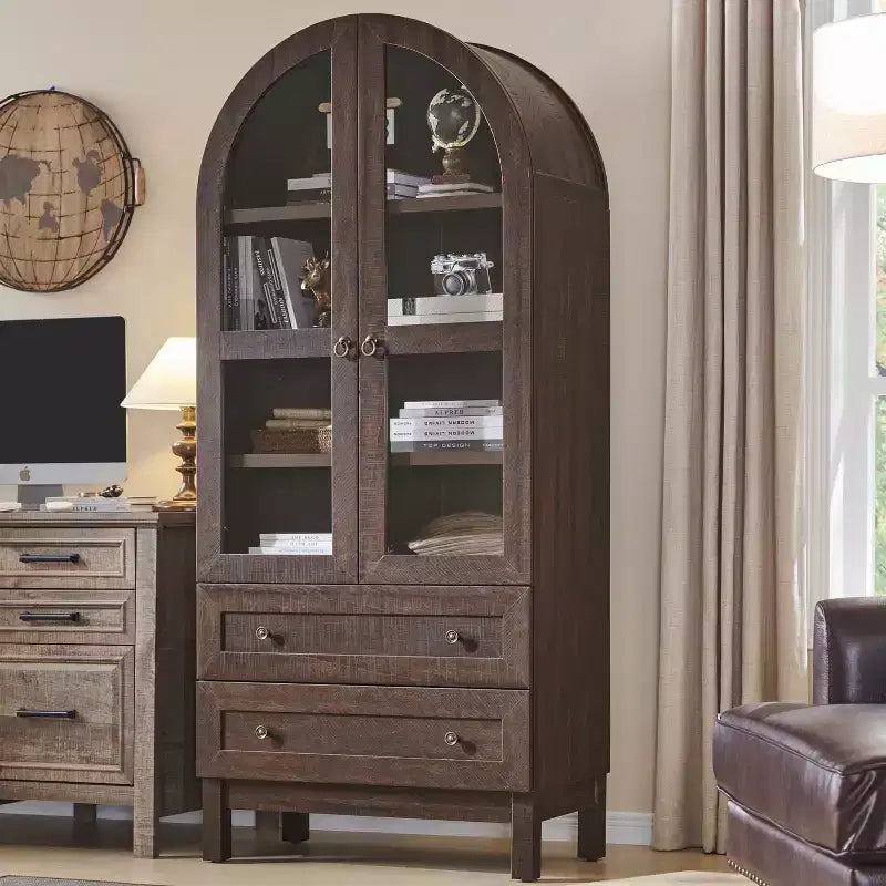 Garde-manger arqué haut 71 avec 2 tiroirs et étagères réglables et portes vitrées, armoire de rangement de cuisine Modern Farmhouse