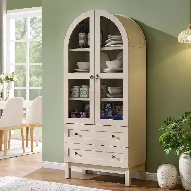 Garde-manger arqué haut 71 avec 2 tiroirs et étagères réglables et portes vitrées, armoire de rangement de cuisine Modern Farmhouse