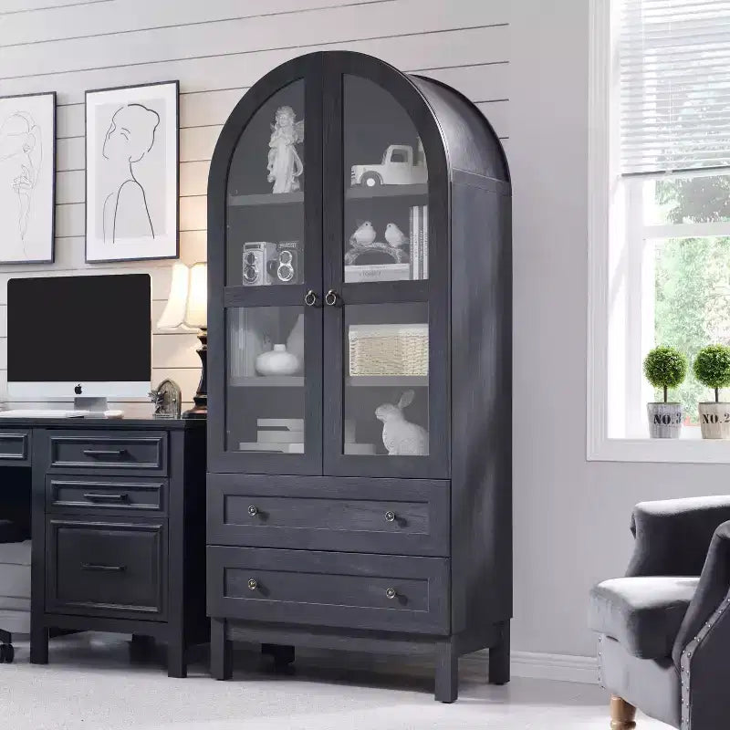 Garde-manger arqué haut 71 avec 2 tiroirs et étagères réglables et portes vitrées, armoire de rangement de cuisine Modern Farmhouse