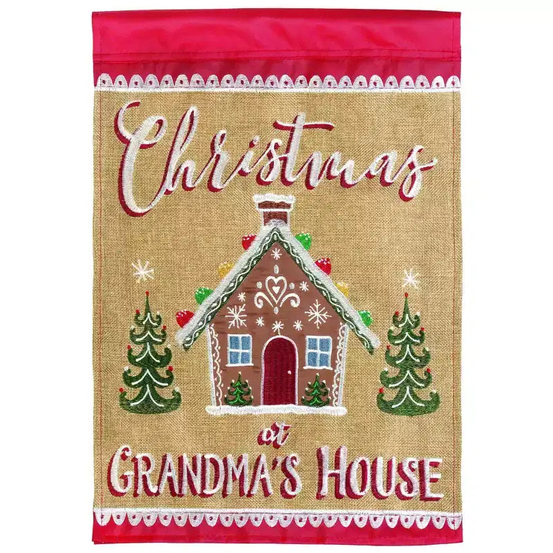Grandma's House Drapeau de jardin suspendu extérieur en toile de jute rouge et tan des fêtes 13 X 19
