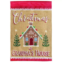 Grandma's House Drapeau de jardin suspendu extérieur en toile de jute rouge et tan des fêtes 13 X 19