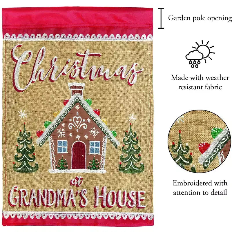 Grandma's House Drapeau de jardin suspendu extérieur en toile de jute rouge et tan des fêtes 13 X 19