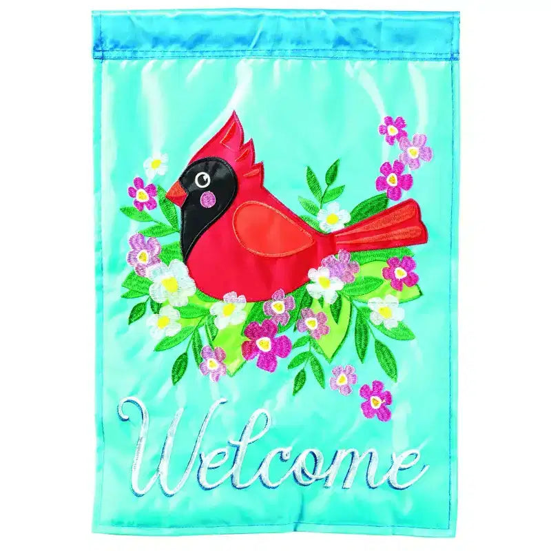 Drapeau d'extérieur suspendu en polyester 13 x 19 bleu Magnolia Garden Welcome Cardinal Floral