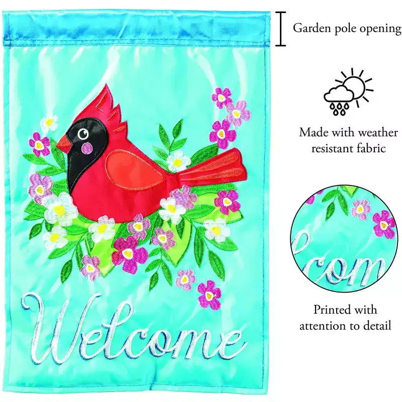 Drapeau d'extérieur suspendu en polyester 13 x 19 bleu Magnolia Garden Welcome Cardinal Floral