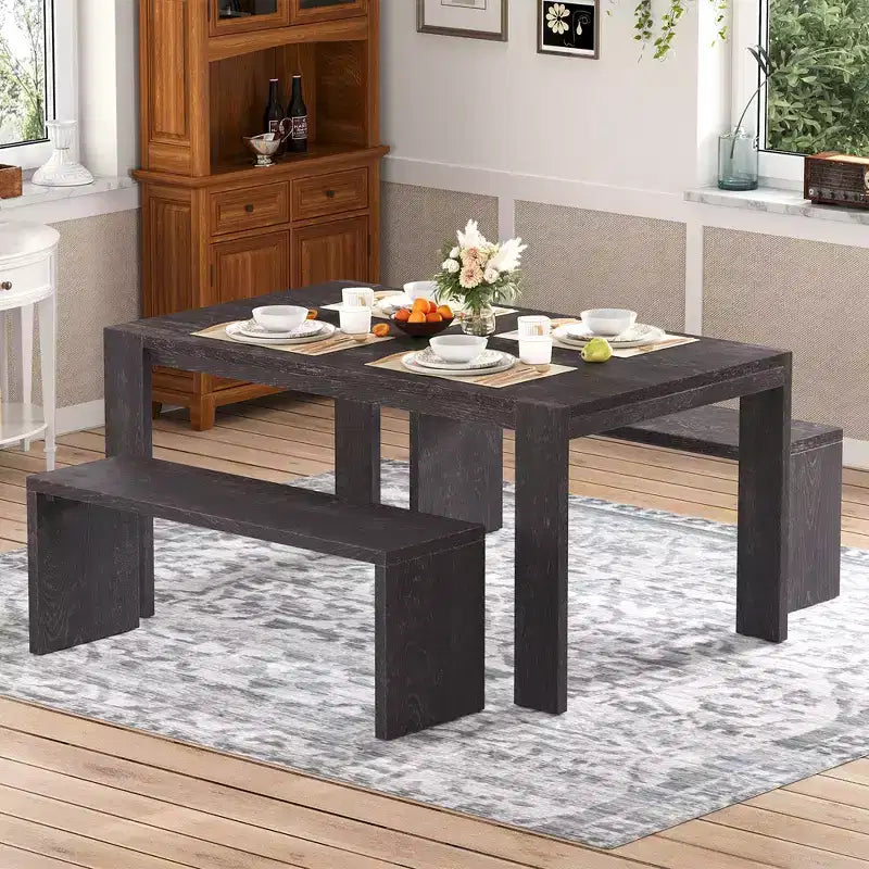 Ensemble de salle à manger 3 pièces style ferme, table de salle à manger et 2 bancs pour salle à manger, cuisine et salon - ModernLuxe