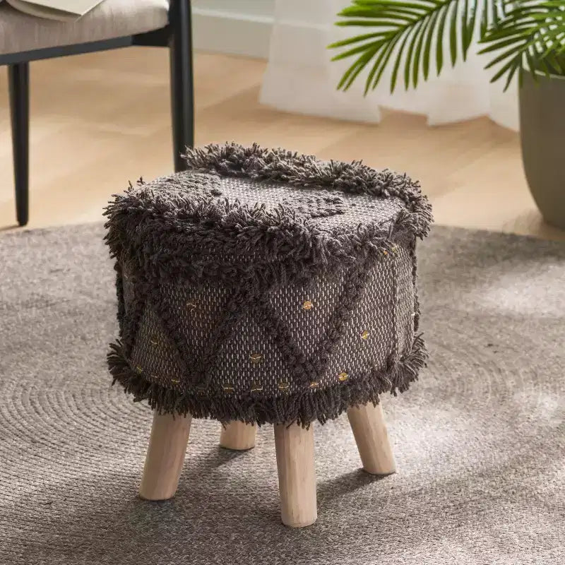 GDFStudio Edene pouf bohème fait main en tissu 16*16 avec accents métalliques, brun foncé