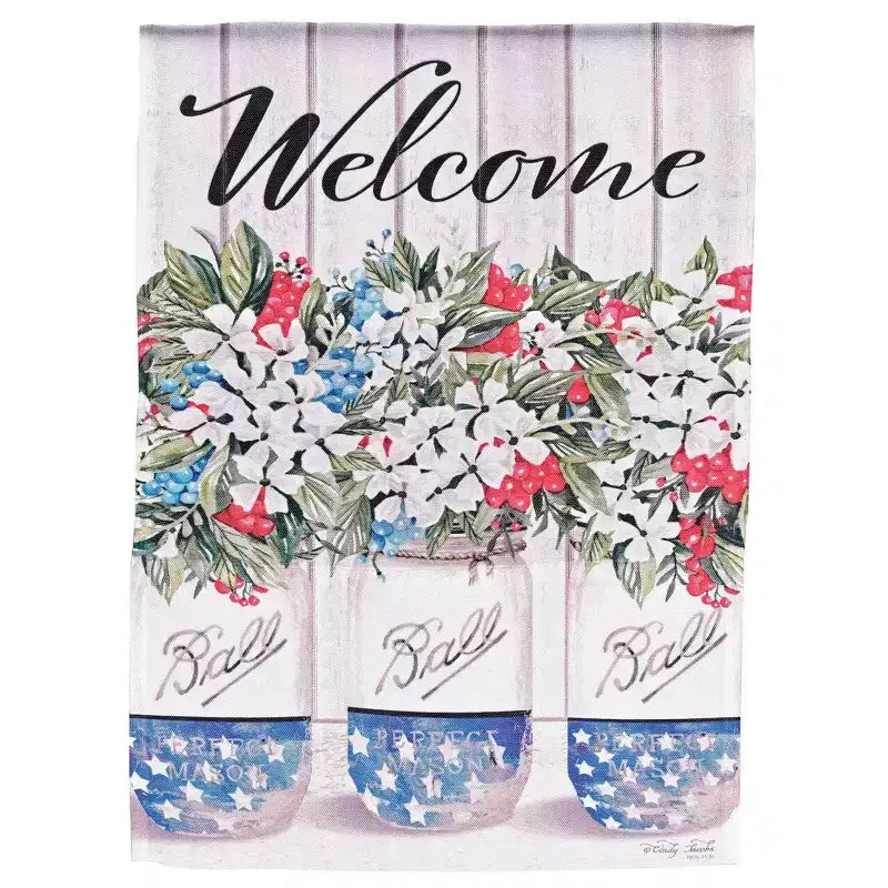 Dicksons Magnolia Garden Welcome Jar Blooms rouge blanc bleu 18 x 13, drapeau de jardin extérieur en polyester