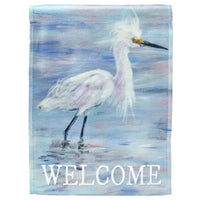 Drapeau de jardin extérieur suspendu en polyester bleu Magnolia Welcome White Egret 13 x 19 po