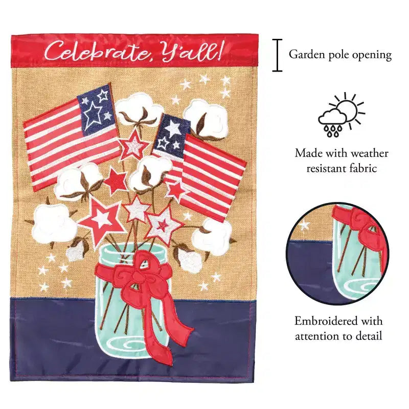 Drapeau de jardin en polyester Magnolia Garden Celebrate Y'all Patriotic Cotton Jar 29 x 42 pouces