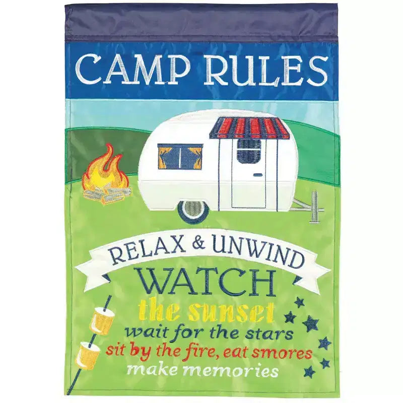 Magnolia Garden Camp Règles de camping Drapeau de jardin en polyester 29 x 42 pouces pour feu de camp