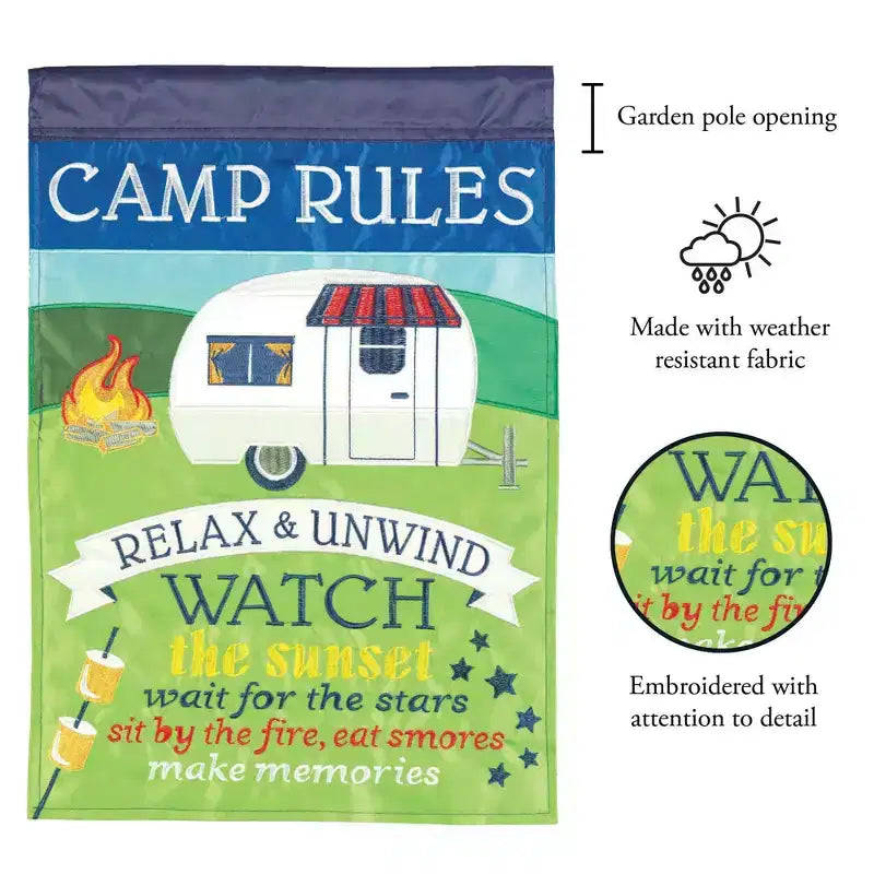 Magnolia Garden Camp Règles de camping Drapeau de jardin en polyester 29 x 42 pouces pour feu de camp