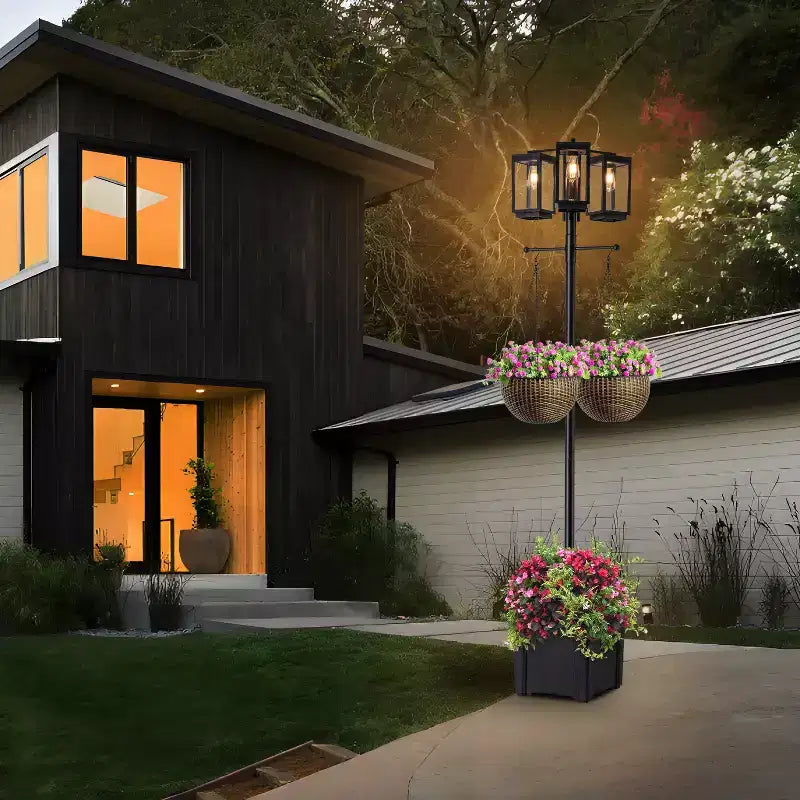 C Cattleya Lampadaire sur poteau complet 3 lumières 77,5in noir avec jardinière et verre trempé transparent