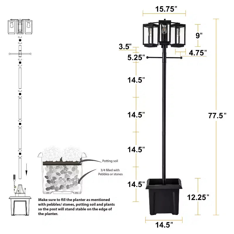 C Cattleya Lampadaire sur poteau complet 3 lumières 77,5in noir avec jardinière et verre trempé transparent
