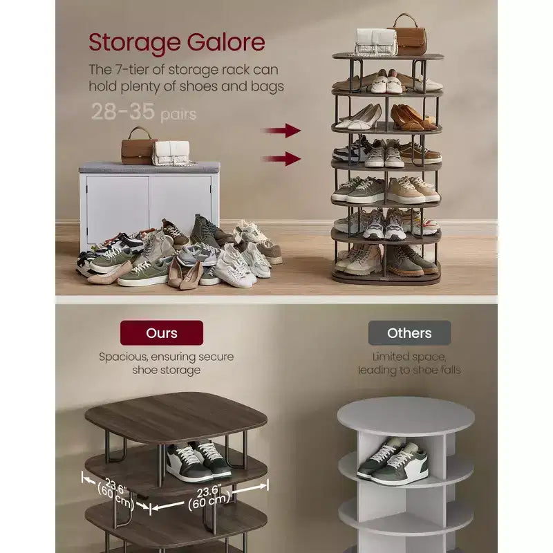 VASAGLE Range-chaussures à 7 niveaux, tour à chaussures rotative, organisateur de placard à chaussures, étagère à chaussures, 28-35 paires, 23,6 x 23,6 x 47,2 pouces